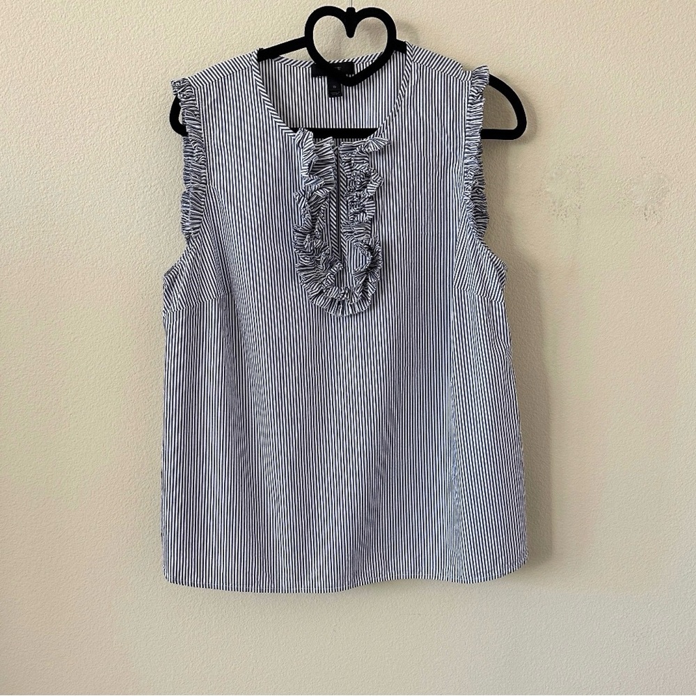 J. Crew Navy White Striped Ruffle Sleeveless Cotton Blouse Size 10